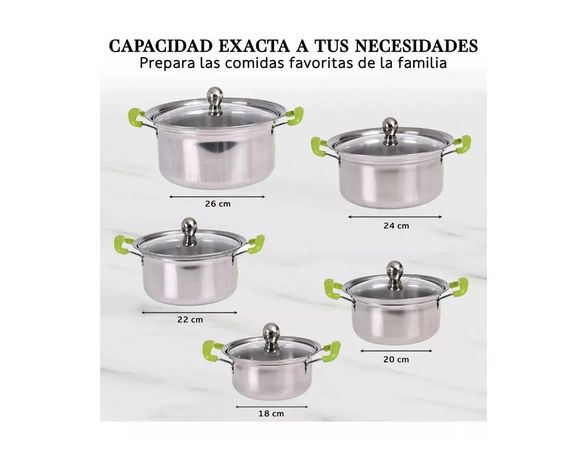 Juego De Ollas 16-18-20-22-24cm 10P Inox Con Manilla Verde-4