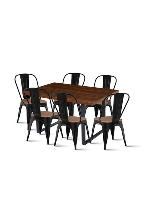 Comedor Industrial 140x90 Oscura + 6 Sillas Tolix Negras con Asiento de Madera Oscura Walnut-0