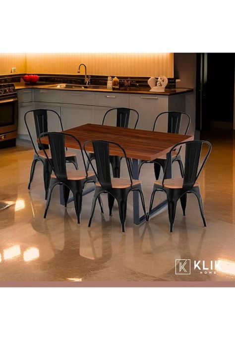 Comedor Industrial 140x90 Oscura + 6 Sillas Tolix Negras con Asiento de Madera Oscura Walnut-1
