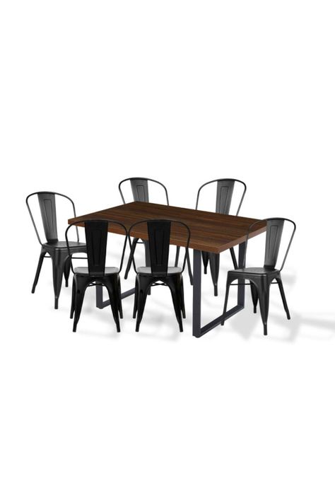 Comedor Industrial 140x90 Madera Oscura Walnut + 6 Sillas Tolix Negras-0