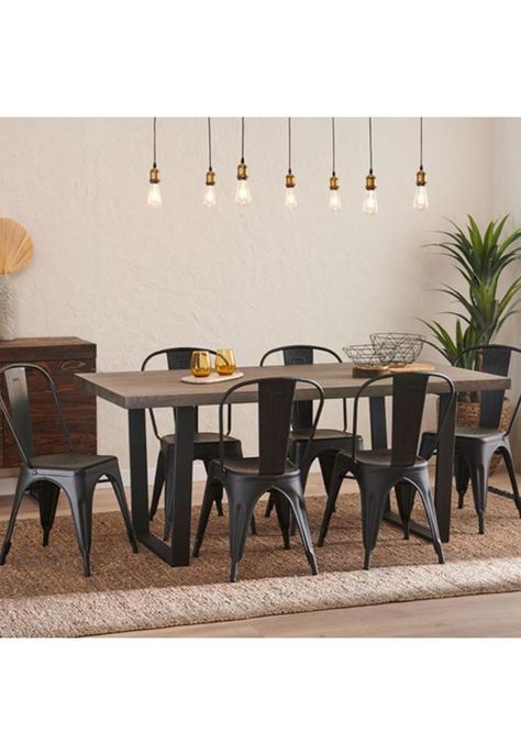 Comedor Industrial 140x90 Madera Oscura Walnut + 6 Sillas Tolix Negras-1