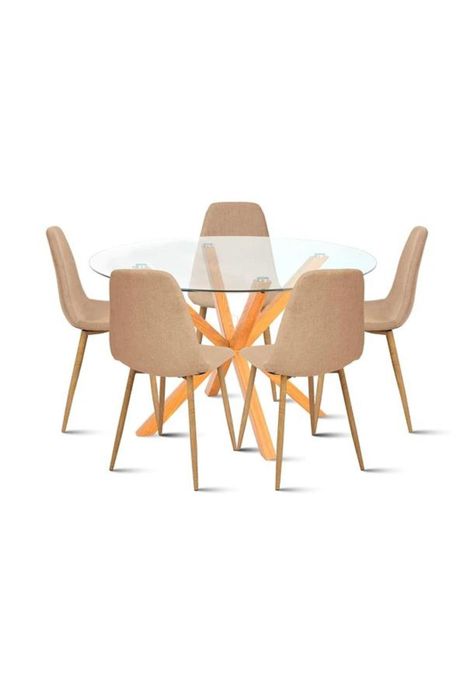 Comedor redondo de vidrio Cross 120cm + 5 Silla Spoon Velvet - Beige-0