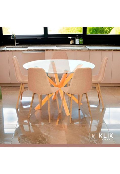 Comedor redondo de vidrio Cross 120cm + 5 Silla Spoon Velvet - Beige-1