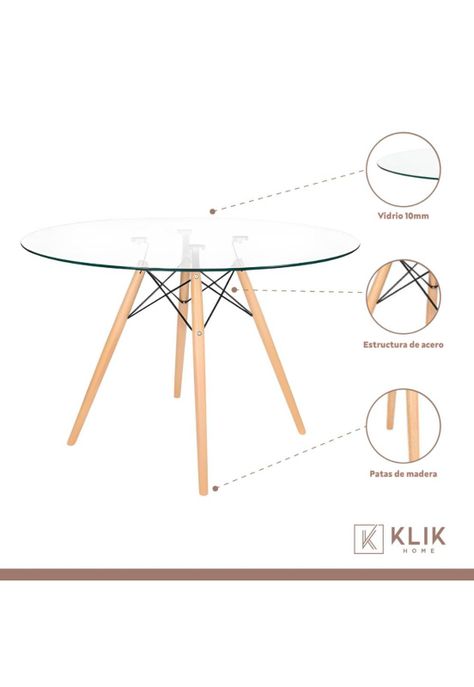 Comedor Mesa Eames Vidrio 100 cm + 5 Sillas Tulip Grises-2