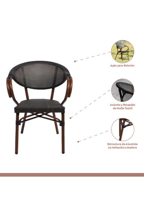 Pack de 4 Sillas Bistro Parisina  Textileno con reposabrazos - Café Oscuro-2