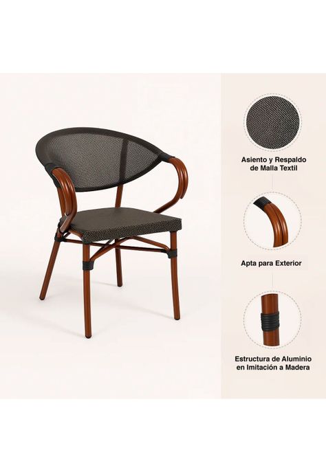 Silla Bistro Parisina Textileno con reposabrazos - Café Oscuro-4