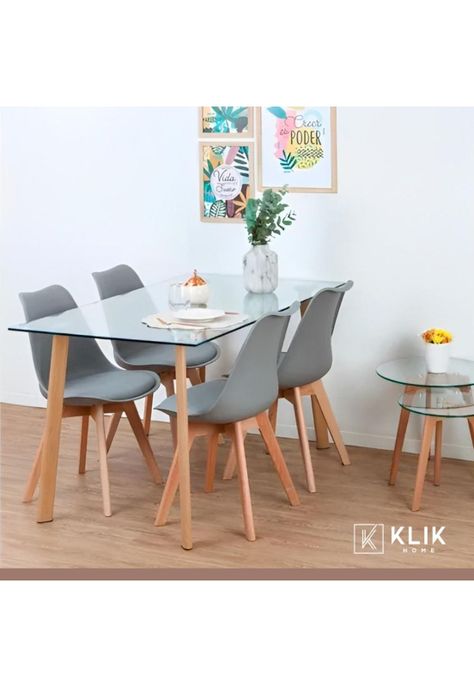 Comedor Mesa de Vidrio Nórdica 140x90 cm + 4 Sillas Tulip Grises-1
