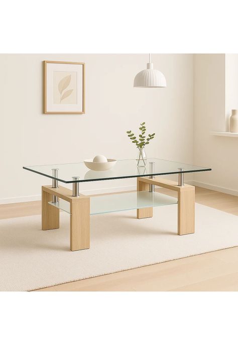 Mesa de centro para living rectangular de vidrio y madera-1