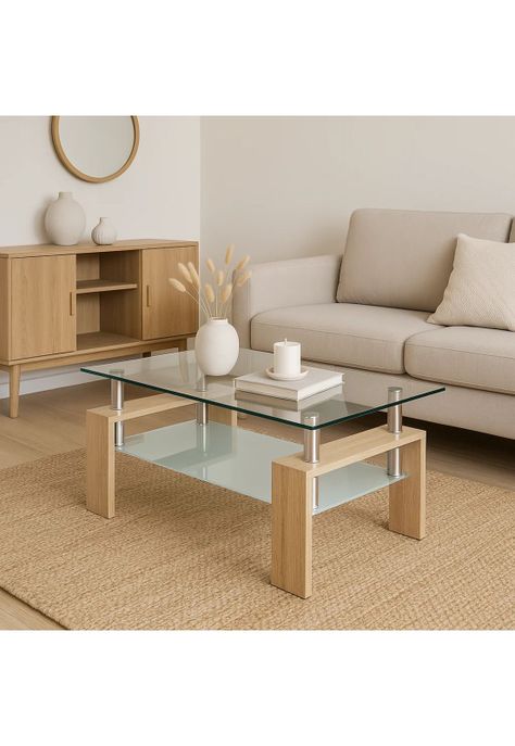 Mesa de centro para living rectangular de vidrio y madera-2