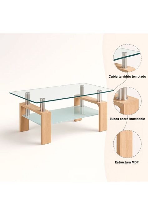 Mesa de centro para living rectangular de vidrio y madera-4
