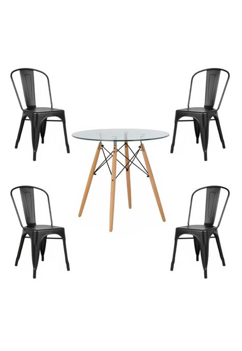 COMEDOR MESA REDONDA VIDRIO 80CM + 4 SILLAS TOLIX NEGRAS-0