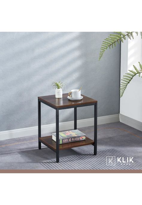 Pack de 2 Veladores Mesa Auxiliar Lateral de 2 Niveles - Madera Oscura Walnut-1