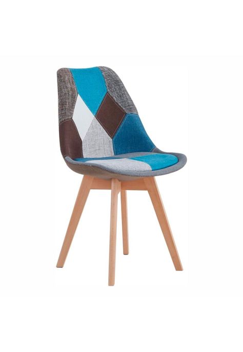 Silla Tulip Patchowork Acolchada Tela Wood - Celeste-0