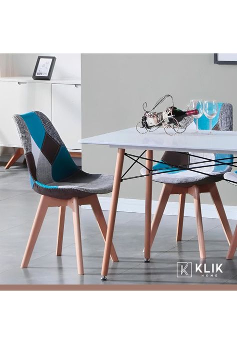 Silla Tulip Patchowork Acolchada Tela Wood - Celeste-1