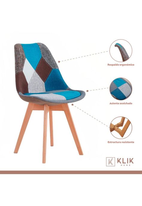 Silla Tulip Patchowork Acolchada Tela Wood - Celeste-2