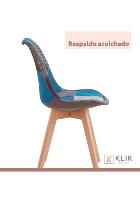 Silla Tulip Patchowork Acolchada Tela Wood - Celeste-4