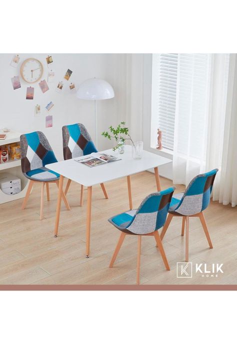 Silla Tulip Patchowork Acolchada Tela Wood - Celeste-7