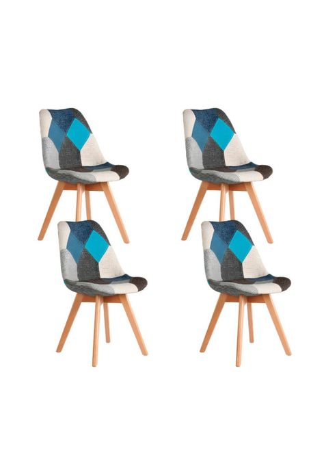 Pack de 4 Sillas Eames Patchwork Acolchada Tela Wood - Celeste-0