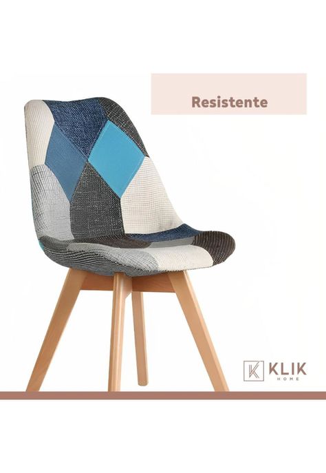 Pack de 4 Sillas Eames Patchwork Acolchada Tela Wood - Celeste-6
