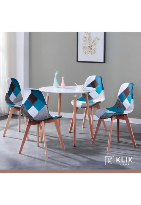 Pack de 4 Sillas Eames Patchwork Acolchada Tela Wood - Celeste-7
