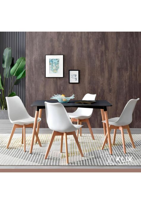 Comedor Mesa Rectangular Negra 120x80 + 4 Sillas Tulip Blancas-1