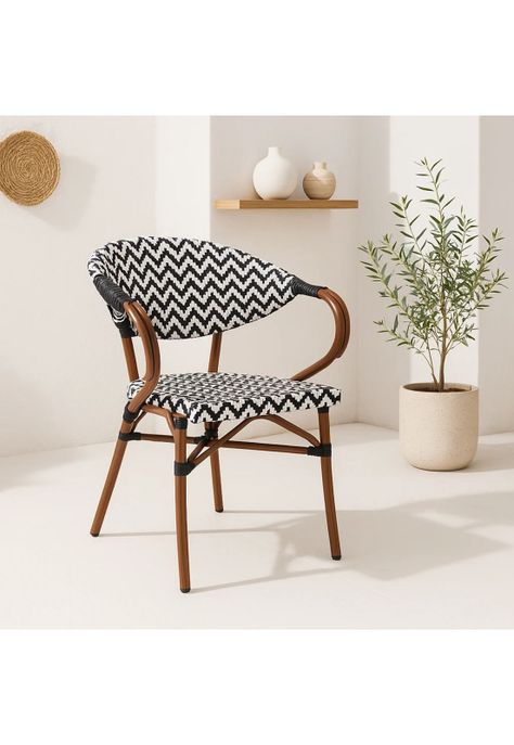 Silla Bistro Parisina Rattan con reposabrazos - Blanca con negro-1