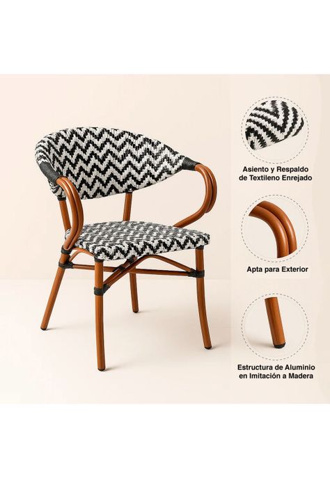 Silla Bistro Parisina Rattan con reposabrazos - Blanca con negro-4