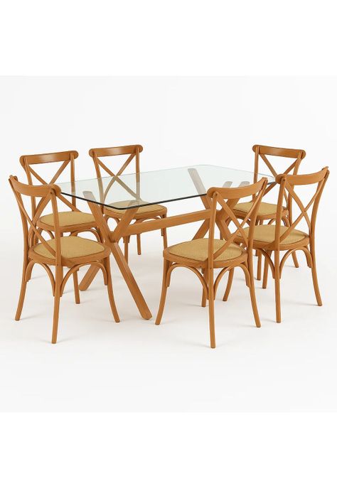 Comedor mesa de vidrio cross 140x90 + 6 sillas Crossback Madera-0