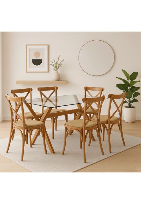 Comedor mesa de vidrio cross 140x90 + 6 sillas Crossback Madera-1