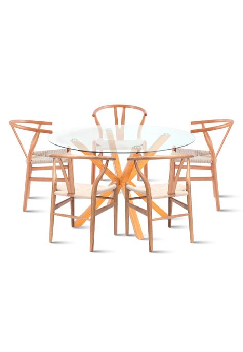 Comedor Mesa redonda de vidrio Cross 120cm + 5 Sillas Wishbone Madera-0