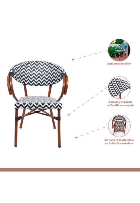 Pack de 4 Sillas Bistro Parisina Textileno enrejado con reposabrazos - Blanca con negro-2
