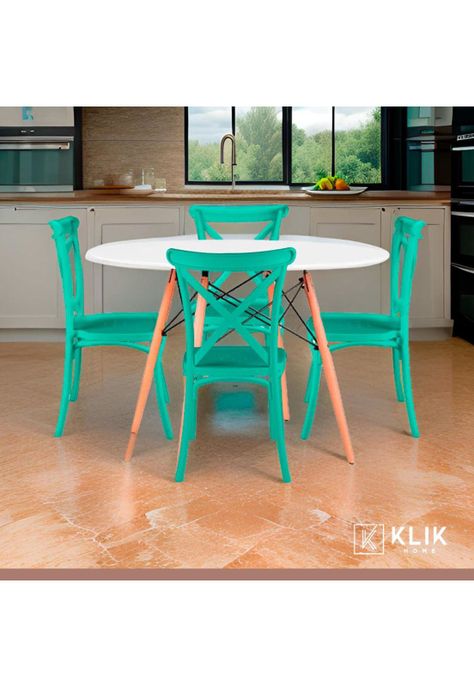 Comedor Eames 80cm redonda Blanca + 4 Sillas Crossback Danubio Menta-1
