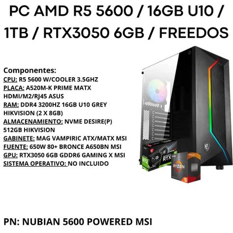 PC Gamer NUBIAN 5600: R5 5600/16GB U10/1TB NVMe/RTX3050-2
