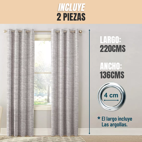 Cortina Gris Claro Blackout 100%, 2 Paños De 220x140cm Textura Lino-1