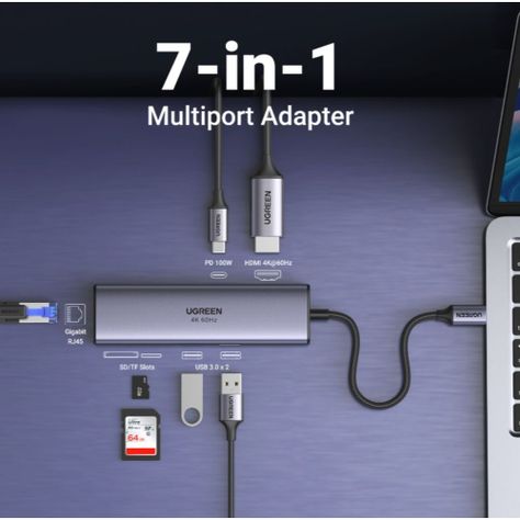 MULTIPUERTO USB-C / (1HDMI 4K/60HZ)+(2USB 3.0)+(SD/MICROSD)+(RJ45 GIGABIT)+(INUSB-C PD) UGREEN CM512-1