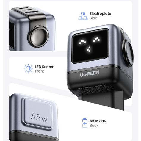 ROBOT GAN TECH CARGADOR 65W 1 USB-A + 2 USB-C GRIS UGREEN CD361-1