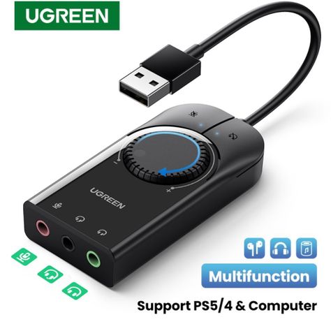 TARJETA DE AUDIO EXTERNA 2.0 USB-A/ 2 JACK 3.5MM M/2H (ESTEREO + MIC) + CONTROLES NEGRO UGREEN CM129-1