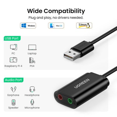 TARJETA DE AUDIO EXTERNA USB-A/ 2 JACK 3.5MM M/2H (AUDIO ESTEREO + MIC) 15CM NEGRO UGREEN US205-1