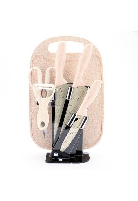 Set de Cuchillos Utensilios Tablas Cocina Asado 7 Piezas Beige-0