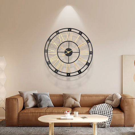 Reloj Mural Retro de Cuarzo Metálico Dorado y Negro 60 cm-3