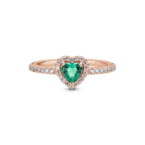 Anillo en Rose Corazón Brillante Elevado y Cristal Verde.-0