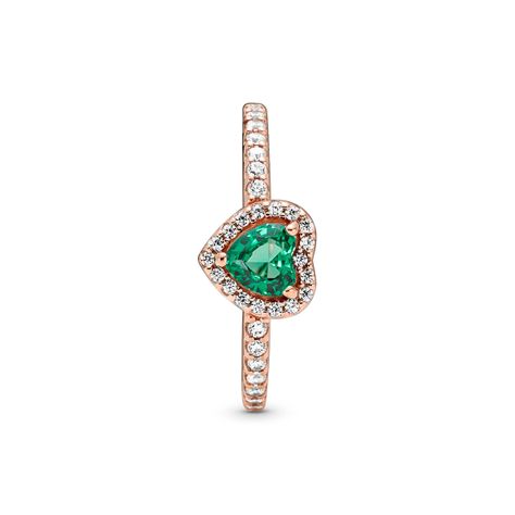 Anillo en Rose Corazón Brillante Elevado y Cristal Verde.-1