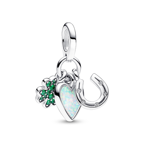 Charm en Plata Trebol de Cuatro Hojas Corazon y Herradura -0