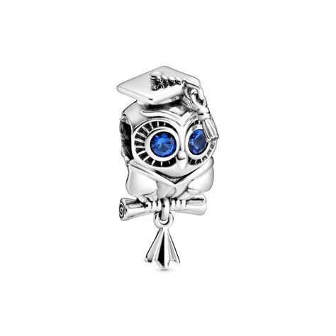 Charm Plata Sabio Búho de Graduación con Cristal Azul Estelar-0