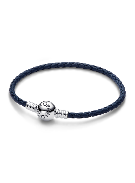 Brazalete Plata en Cuero Azul Trenzado con Cierre Redondo-0