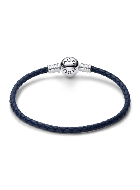 Brazalete Plata en Cuero Azul Trenzado con Cierre Redondo-1