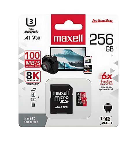Tarjeta MicroSD Maxell 256GB UH-3 8K 100MB/S-0