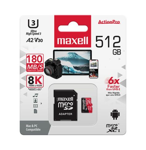 Tarjeta MicroSD Maxell 512GB UH-3 8K A2 180MB/S-1