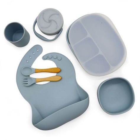 Set de Alimentación Silicona AllMedikal Kids 7 piezas Dusty Blue-1