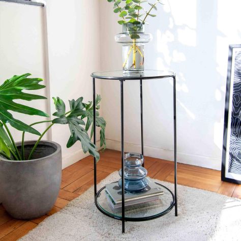 MESA LATERAL CIRCULAR DOS NIVELES NEGRO GLASS-3